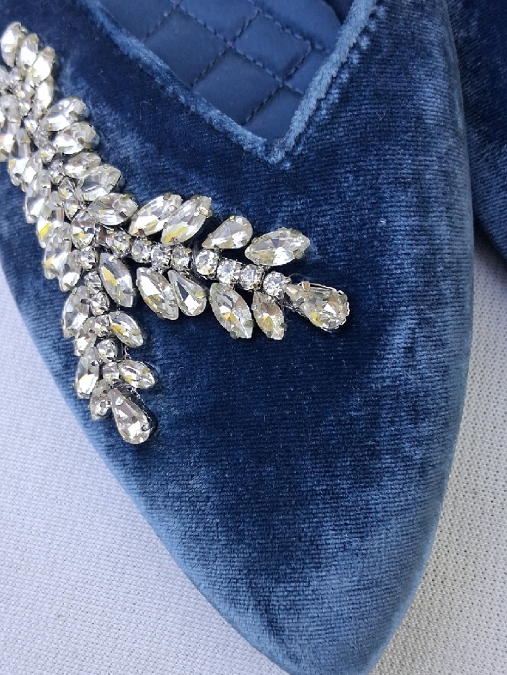 Birdies Deep Blue Velvet Crystal-Embellished Pointed Mules - Picture 13 of 16